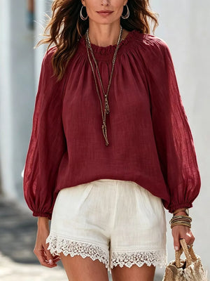 Round Neck Balloon Sleeve Blouse in Light Blue