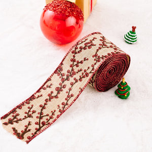 Burlap ribbon with red berry branches and red stitched edges
