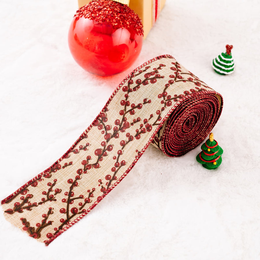 Burlap ribbon with red berry branches and red stitched edges