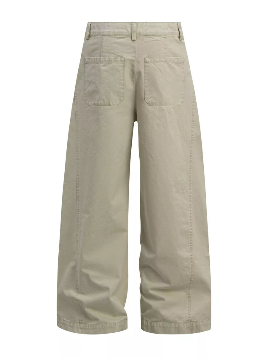 Khaki cotton sweatpants with wide legs, button closure, belt loops, and back pockets.