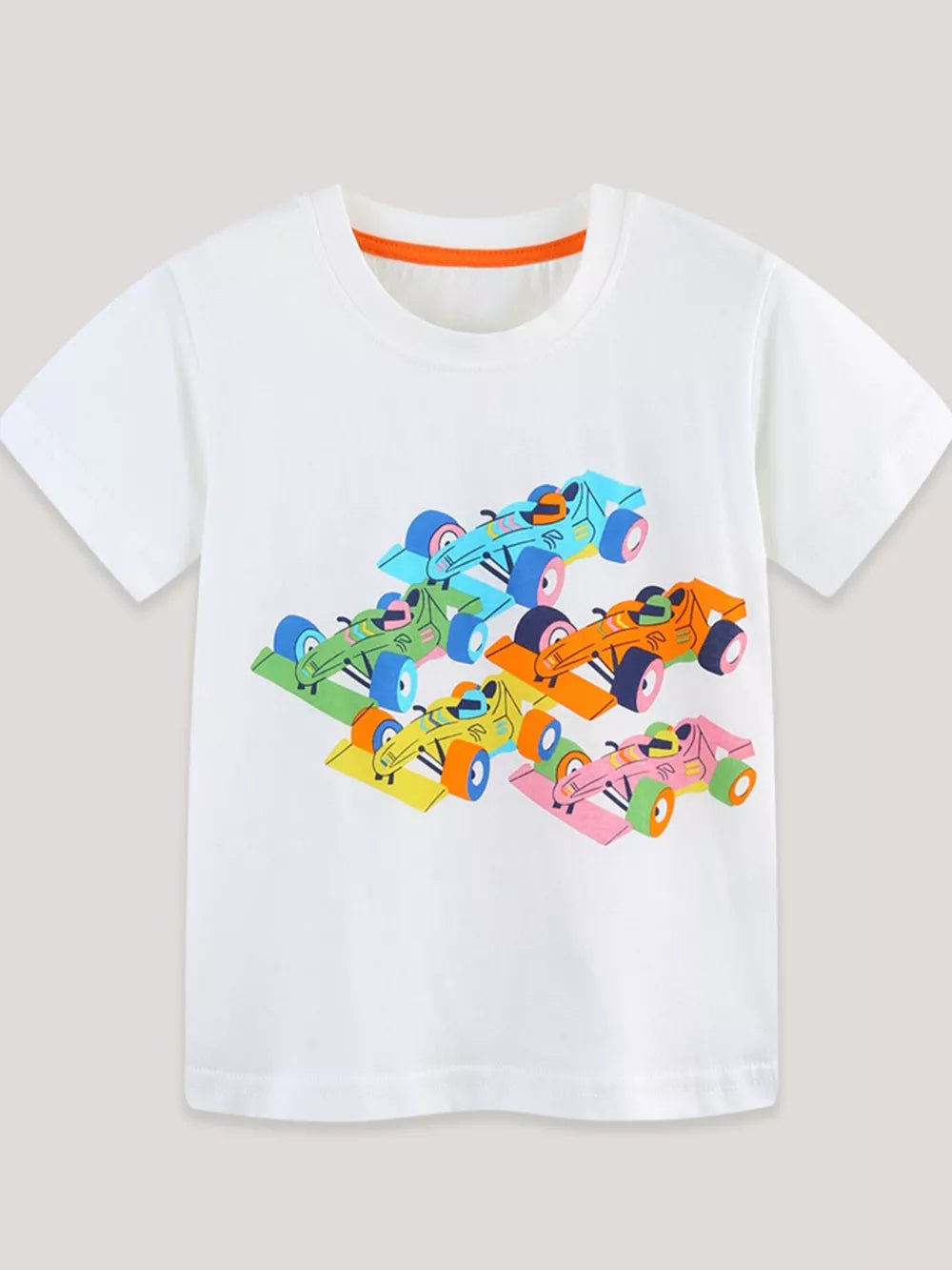 White 100% cotton t-shirt with a colorful racing car graphic and orange neck trim.