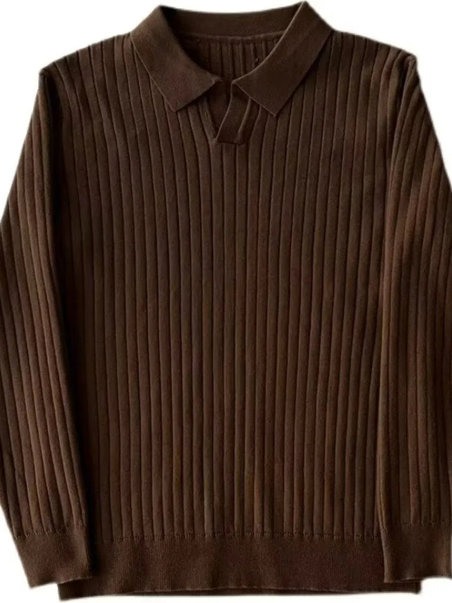 Brown ribbed knit polo shirt with a collar and v-neck.