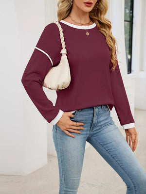 Contrast Trim Long Sleeve Sweatshirt in Pink