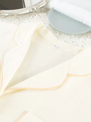 Contrast Trim Long Sleeve Top And Shorts Set in Beige with buttoned