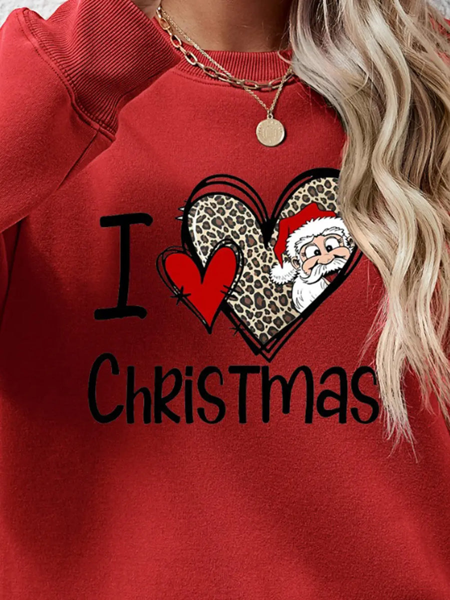 Festive Heart Graphic Sweatshirt in Deep Red with Santa and leopard print detail.