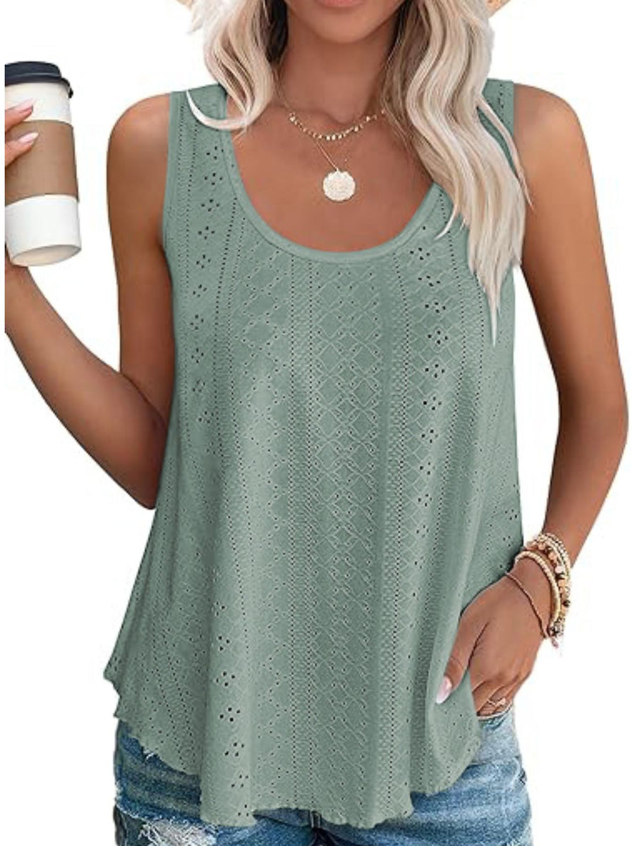 Sage eyelet scoop neck tank top with a relaxed fit.
