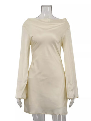 Cream satin mini dress with long bell sleeves and cowl neck.