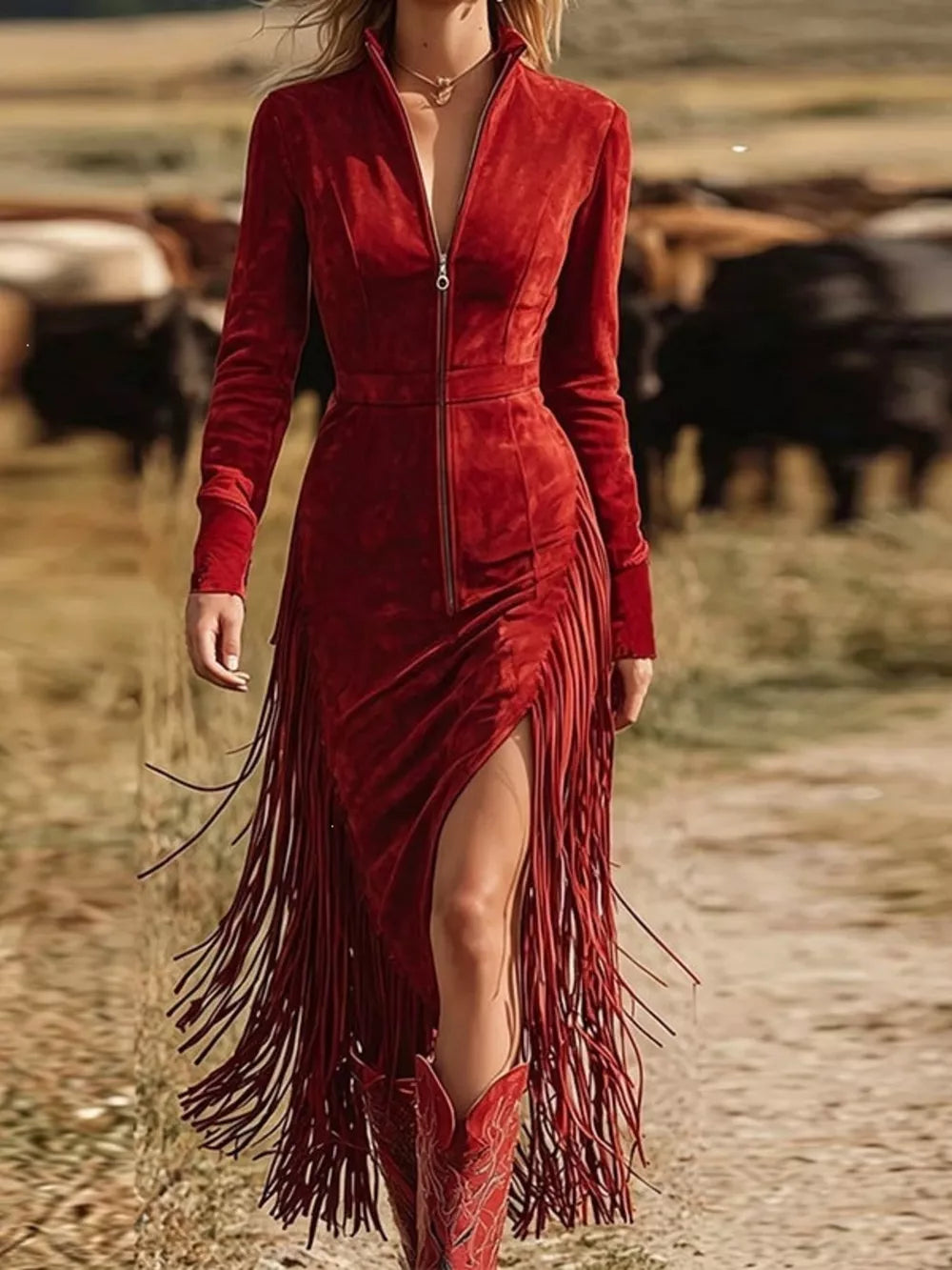 midi dress in rust featuring slit and fitted fit