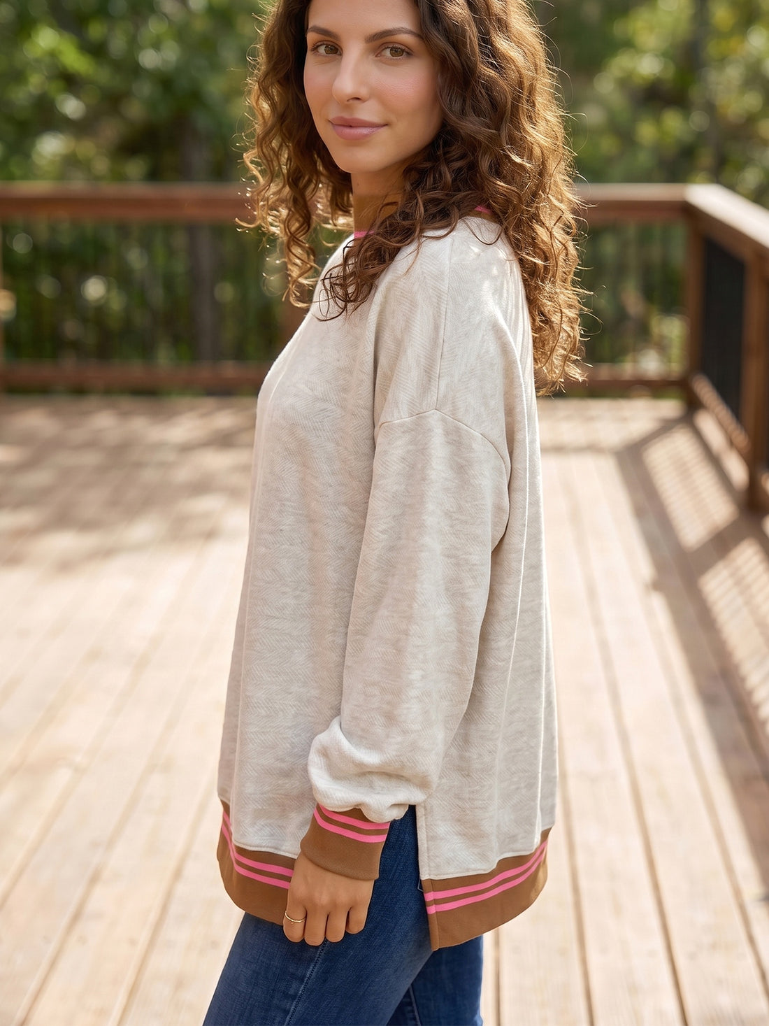 Ribbed Stand Neck Loose Fit Sweatshirt option 5