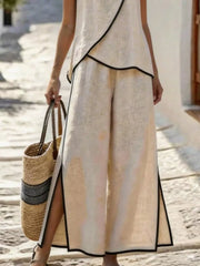 Blue Contrast Trim Top And Slit Pants Set