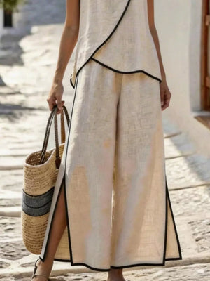 Blue Contrast Trim Top And Slit Pants Set
