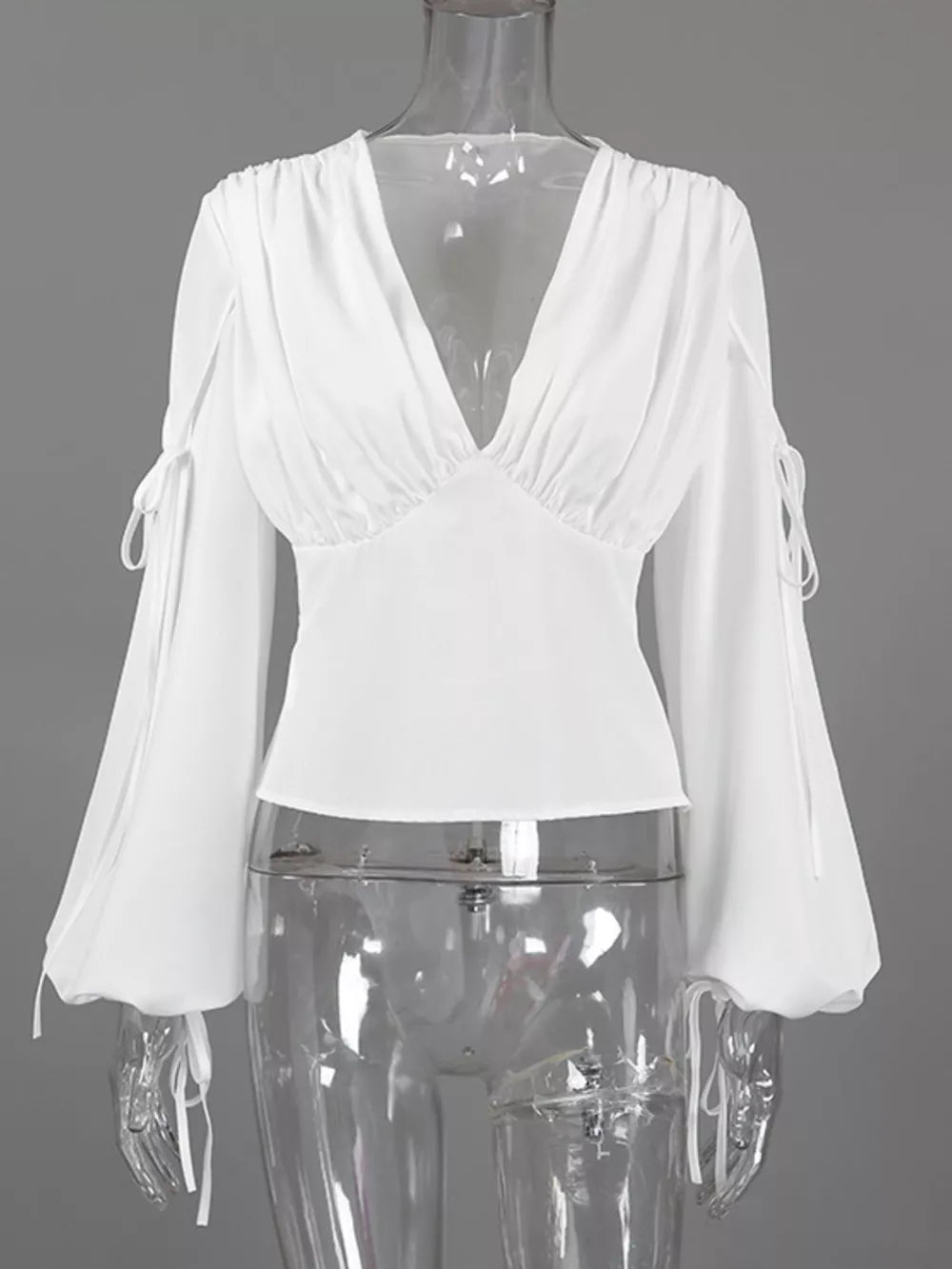 Tied V-neck Balloon Sleeve Blouse in White with tied