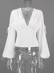 Tied V-neck Balloon Sleeve Blouse in White with tied