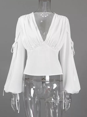 Tied V-neck Balloon Sleeve Blouse in White with tied