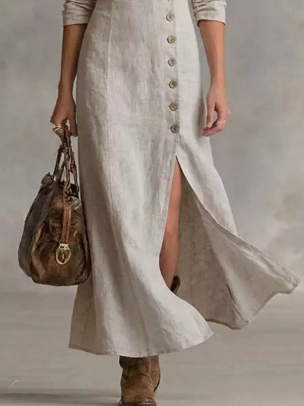 100% polyester Care instructions: Machine wash cold midi dress in Khaki Color with A-line silhouette