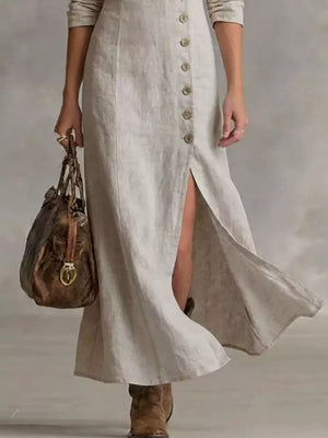 100% polyester Care instructions: Machine wash cold midi dress in Khaki Color with A-line silhouette