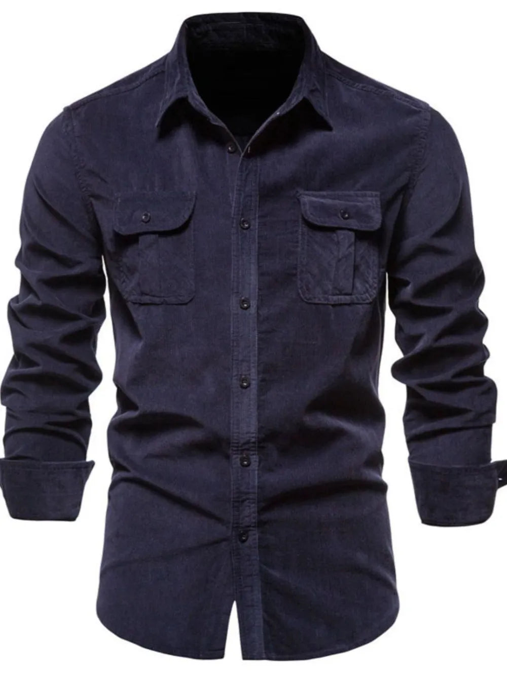 Indigo corduroy utility shirt with patch pockets and button-down front.