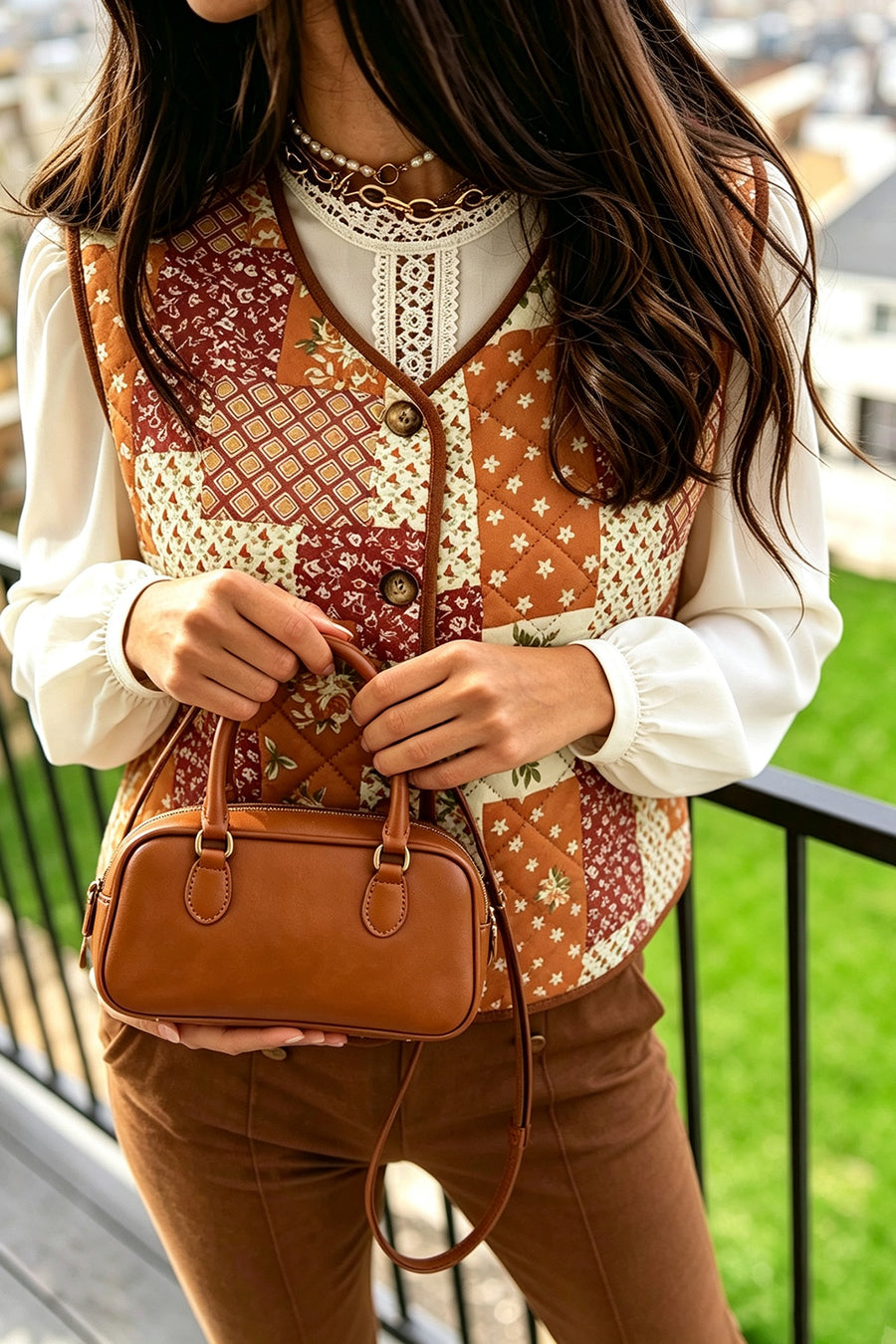 cream vest featuring buttoned and patchwork