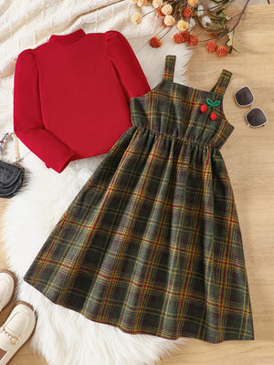 Girls' red long sleeve top and multicolor plaid dress set with cherry detail.