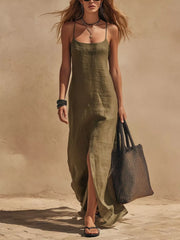 maxi dress in olive green featuring front slit and A-line fit