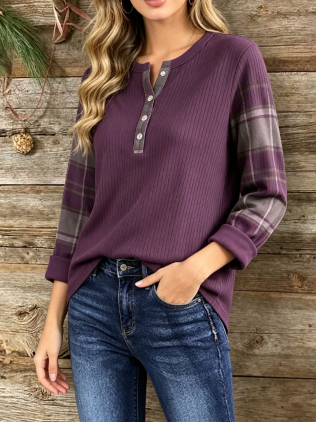 plum henley with plaid and henley