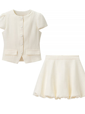 Cream textured two-piece set with buttoned top and bubble hem skirt