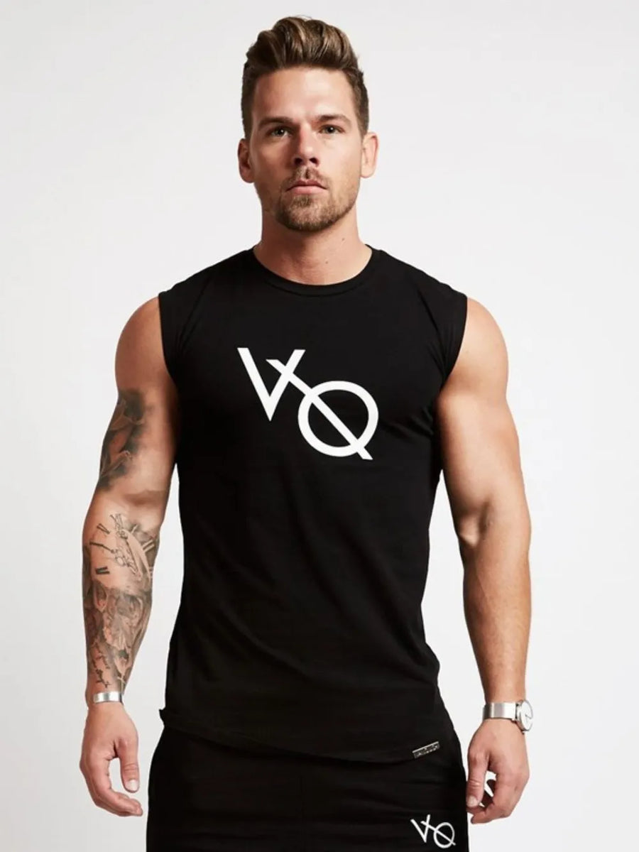 Black graphic muscle tank top with white logo
