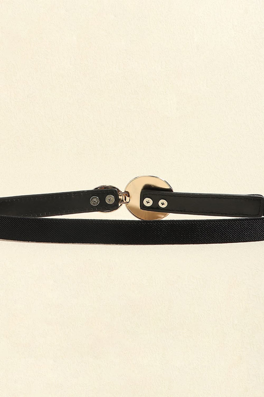 Black elastic waist belt with gold disc detail and faux leather trim