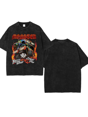 Black vintage wash t-shirt with a monster truck graphic and flames.