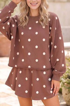 cocoa brown two-piece set with polka dot and crew neck
