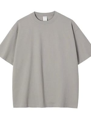 Gray oversized crewneck t-shirt with relaxed fit and short sleeves.