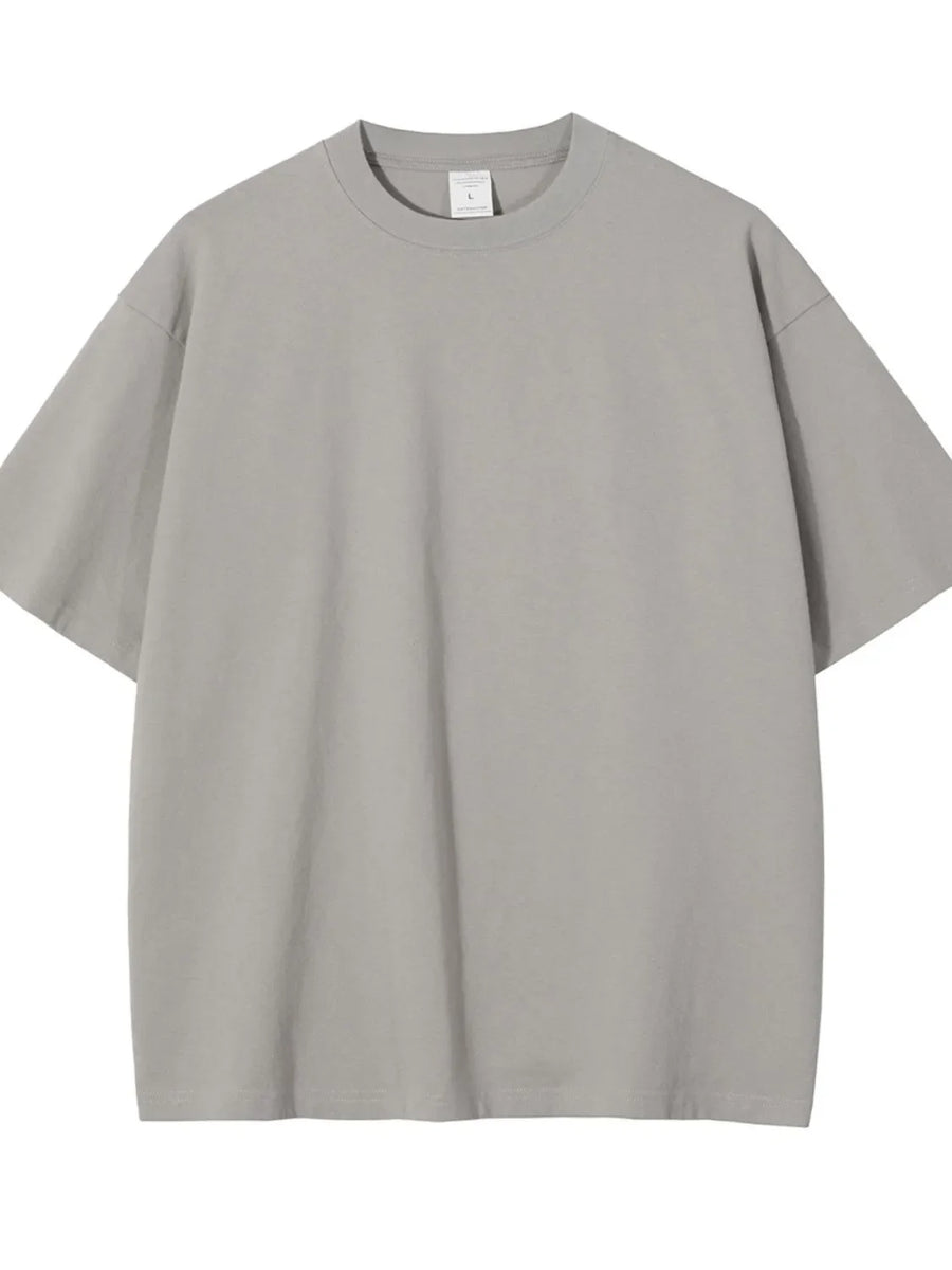 Gray oversized crewneck t-shirt with relaxed fit and short sleeves.