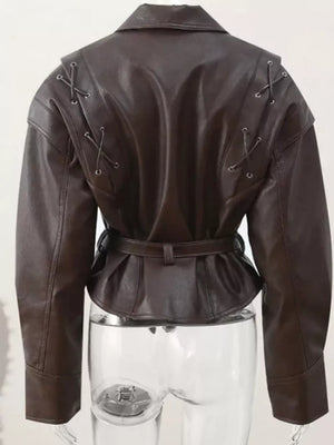 Coffee Brown, Belted Leather Jacket With Shawl Collar in Coffee Brown