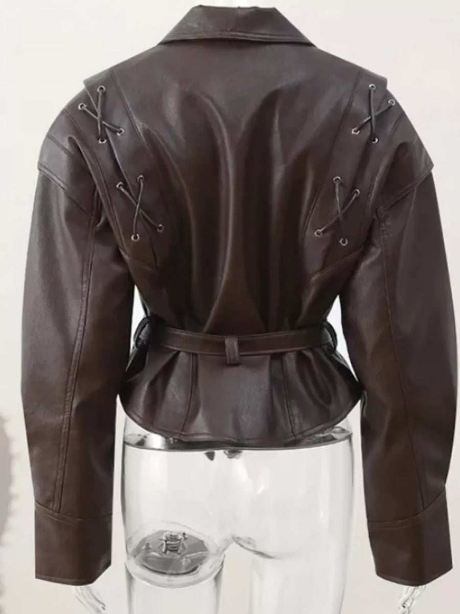 Coffee Brown, Belted Leather Jacket With Shawl Collar in Coffee Brown