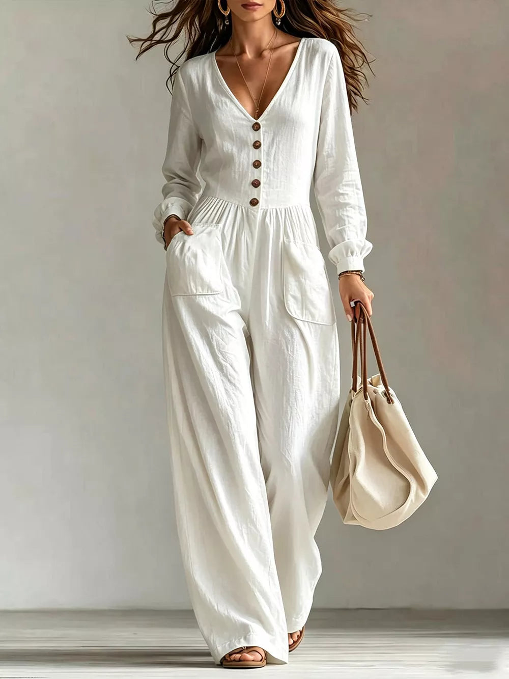 jumpsuit in ivory featuring pocketed and relaxed fit