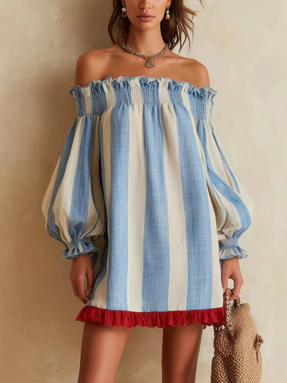 light blue mini dress with striped and off-shoulder