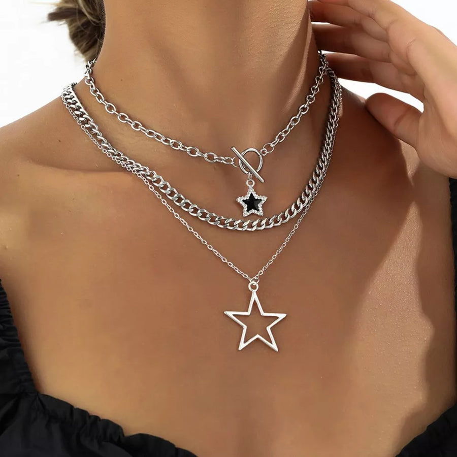 3-piece Layered Star Pendant Silver-plated Necklace in Silver