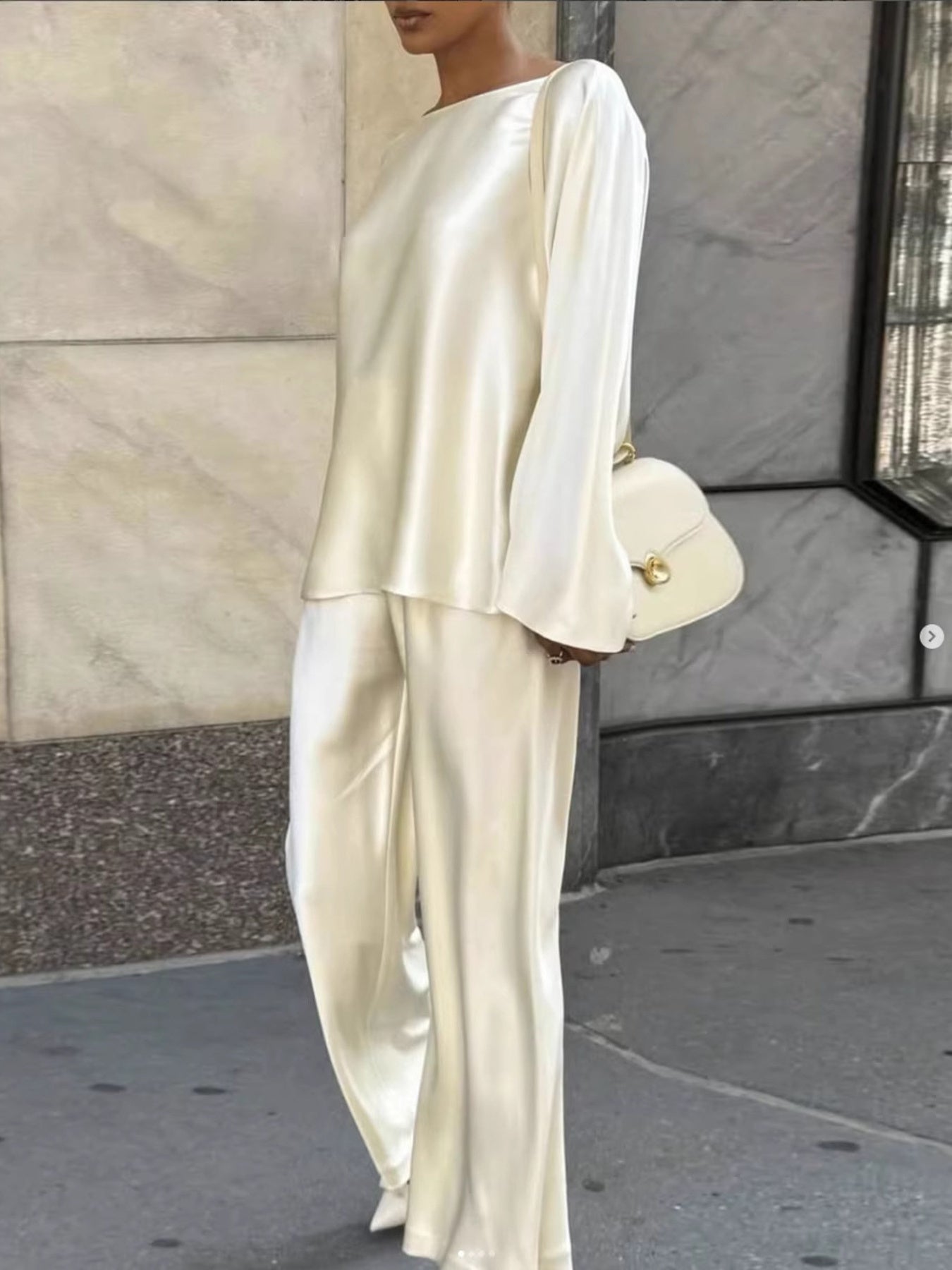 Cream satin loungewear set with boat neck top and wide leg pants