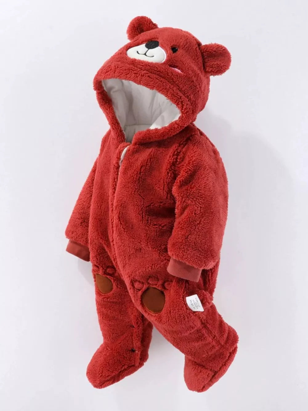 Red fleece baby snowsuit with bear hood and paw details