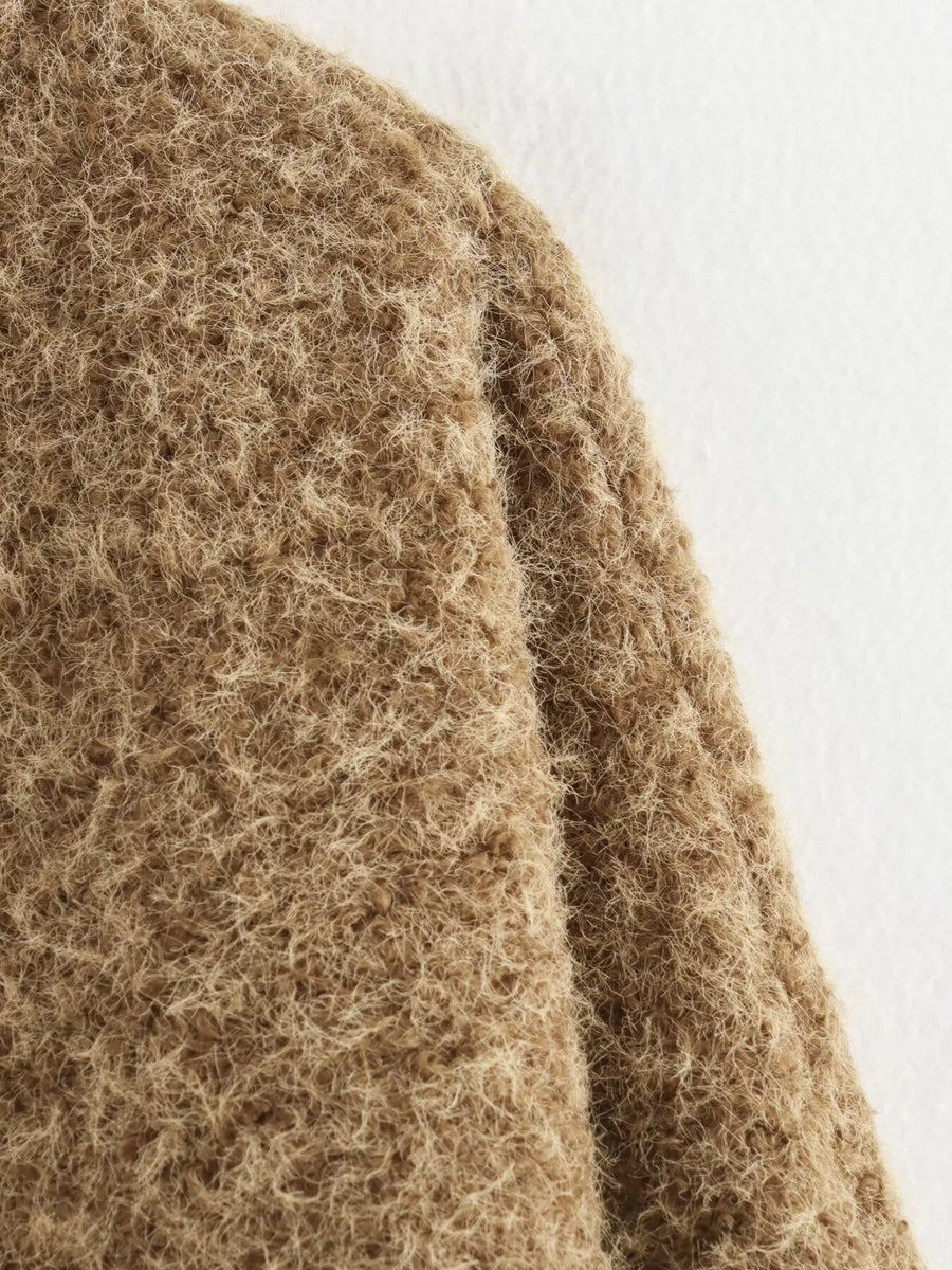 Textured knit tie-front coat in dark brown with a fuzzy, shaggy material.