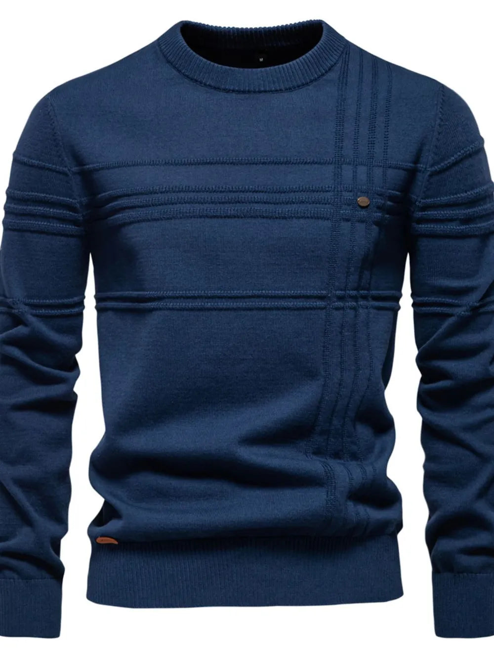 Navy crewneck knit sweater with horizontal and vertical textured panels and a small button detail.