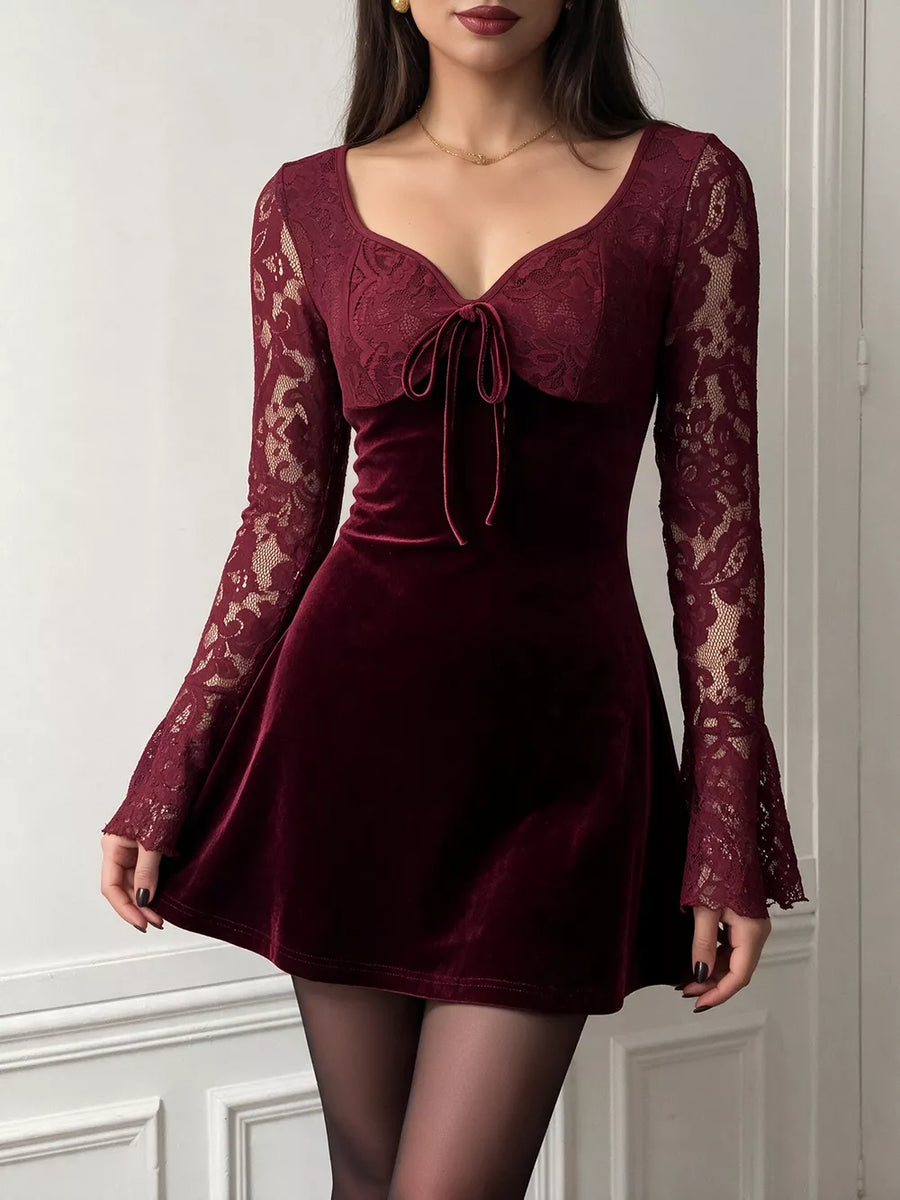 Burgundy mini dress featuring lace and lace