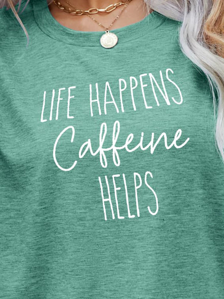 Slub knit tee in Gum Leaf green with white "Caffeine Helps" graphic print.