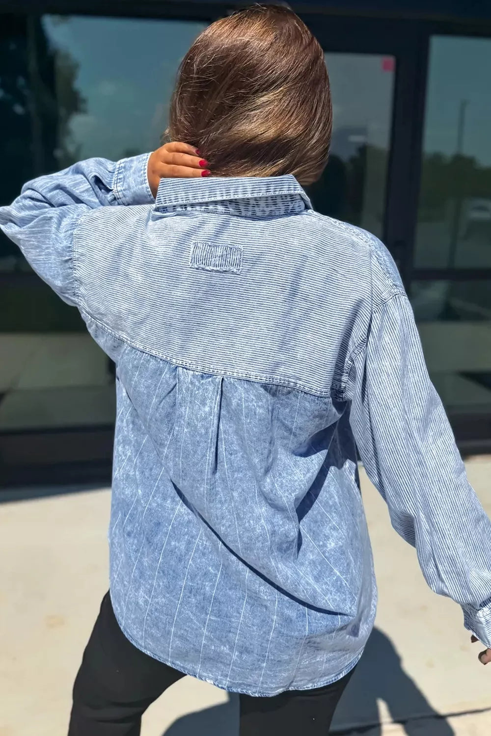 light blue button-down shirt with hip-length and button-front