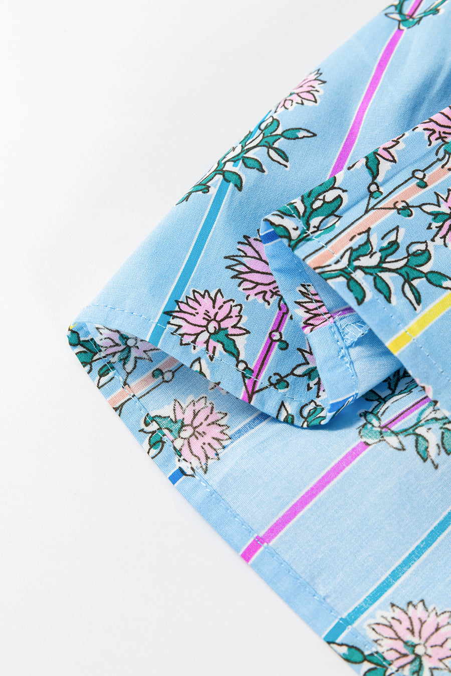 Sky blue floral print blouse with smocked yoke detail and striped pattern.