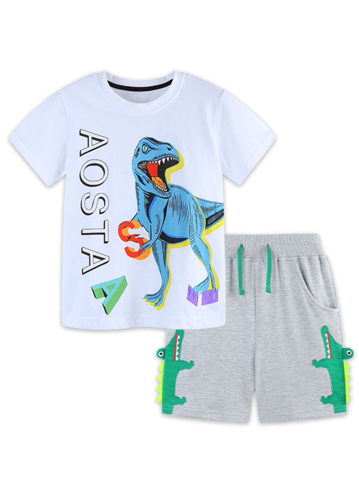 Baby boys' white cotton tee with blue dinosaur graphic and grey shorts with alligator applique.