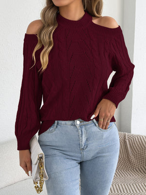 Cold Shoulder Cable Knit Sweater in White
