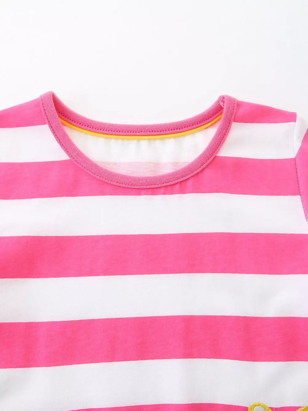 Toddler dress with pink and white stripes, crew neck, and yellow trim detail.