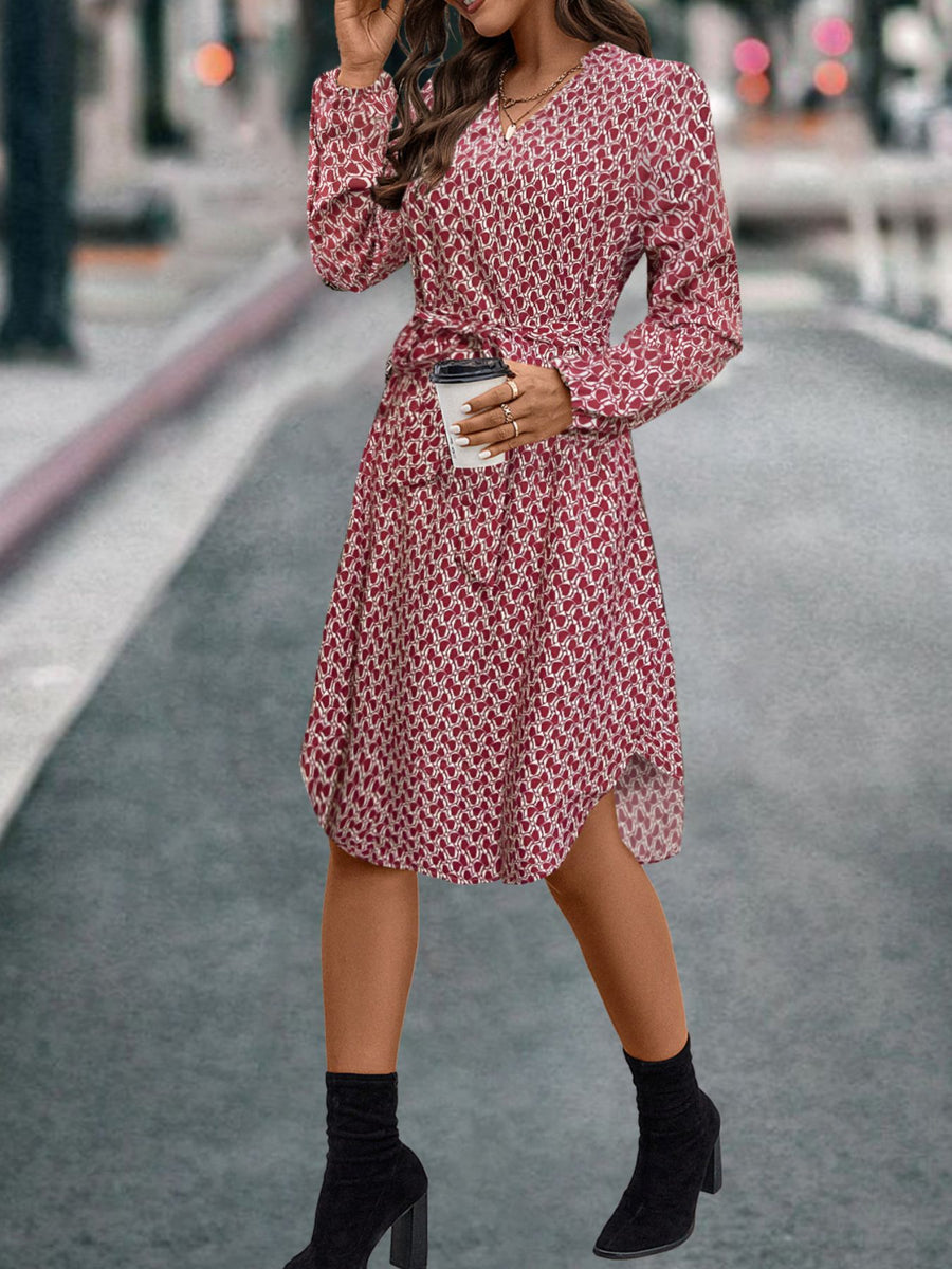 Cerise midi dress featuring tied and geometric
