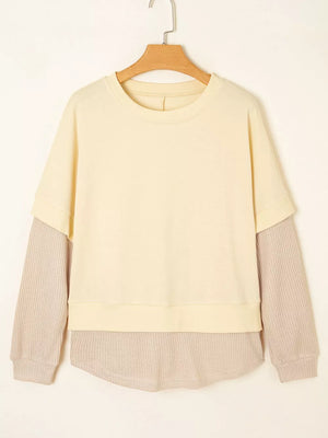 1 Faux Two Piece Patchwork Sweatshirt in Beige, 2 In 1 Faux Two Piece Patchwork Sweatshirt in 1 Faux Two Piece Patchwork